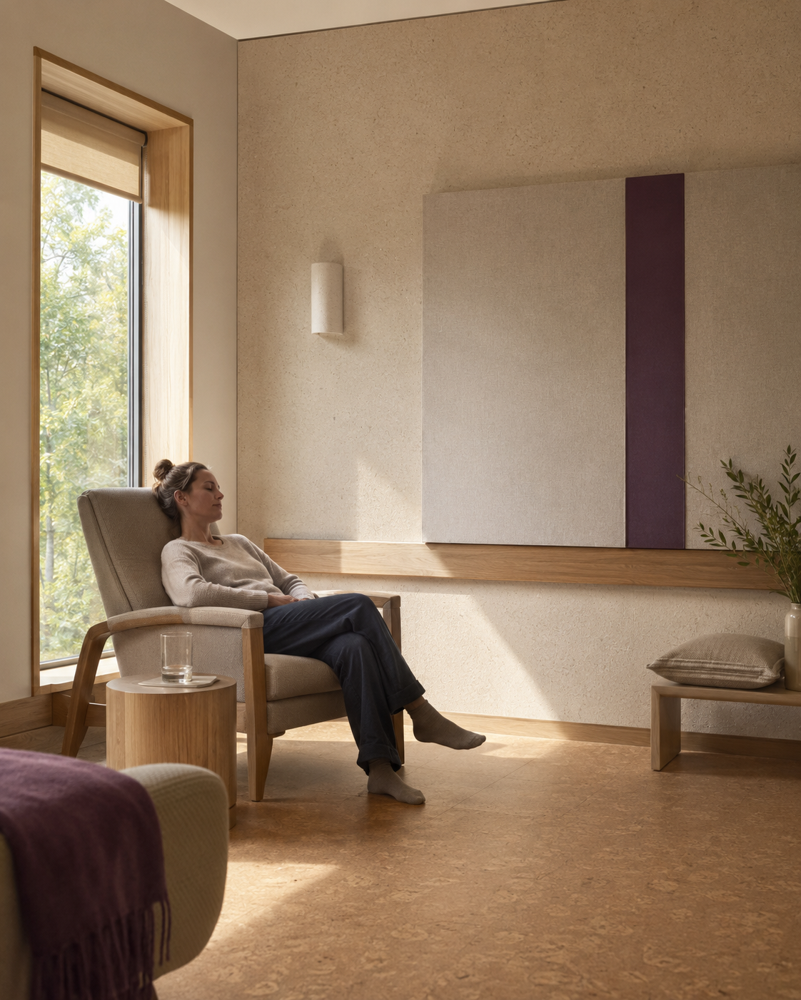 A patient resting in a chair by a window in a calm, warm recovery room — soft daylight, natural materials, a glass of water within reach
