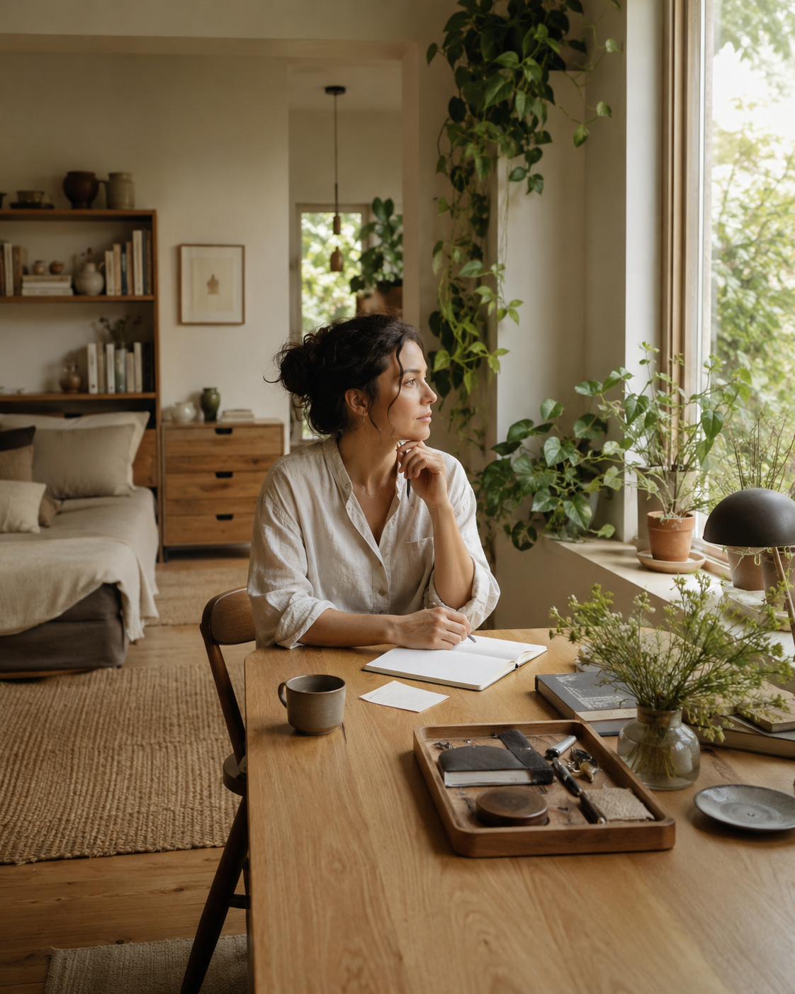 A studio desk: notebook, plants, and instruments in warm light
