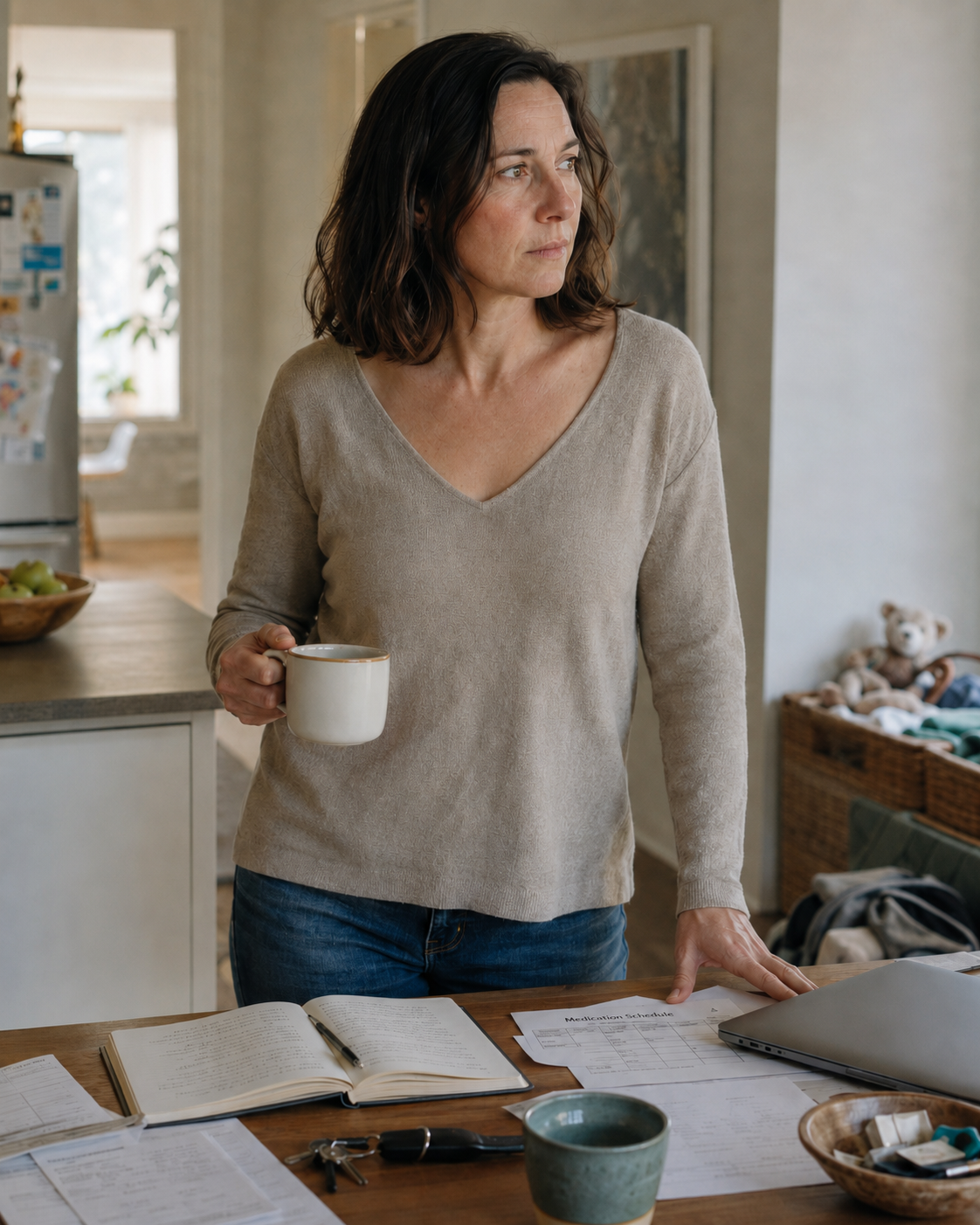 A caregiver pauses at the kitchen table over a medication schedule and notebook, a mug in hand, looking away — a child's things in the background