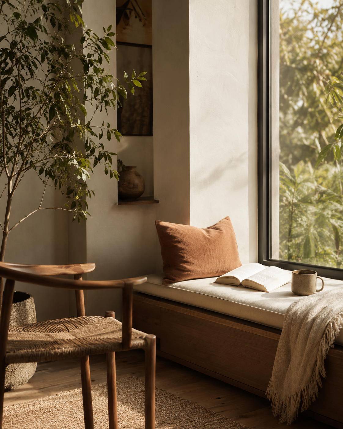 A quiet reading nook by a window