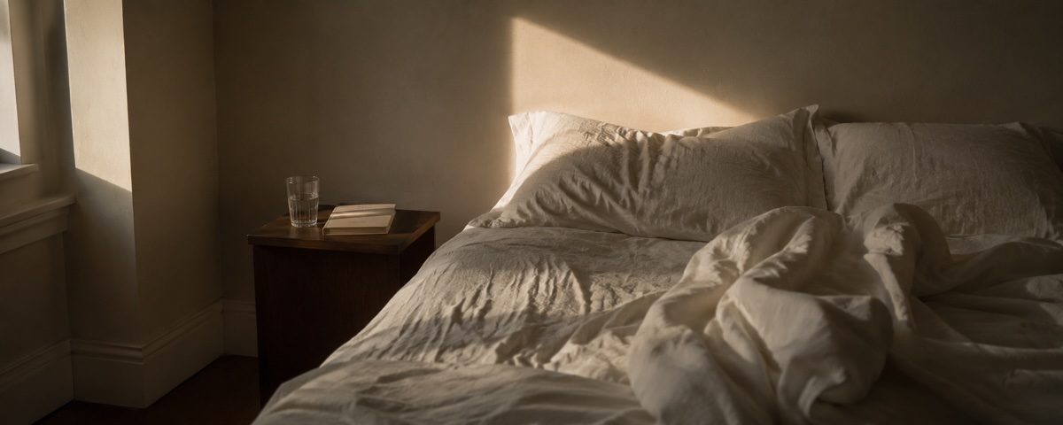 A quiet room at first light — soft linen bedding, a glass of water and a book on the bedside table by a window