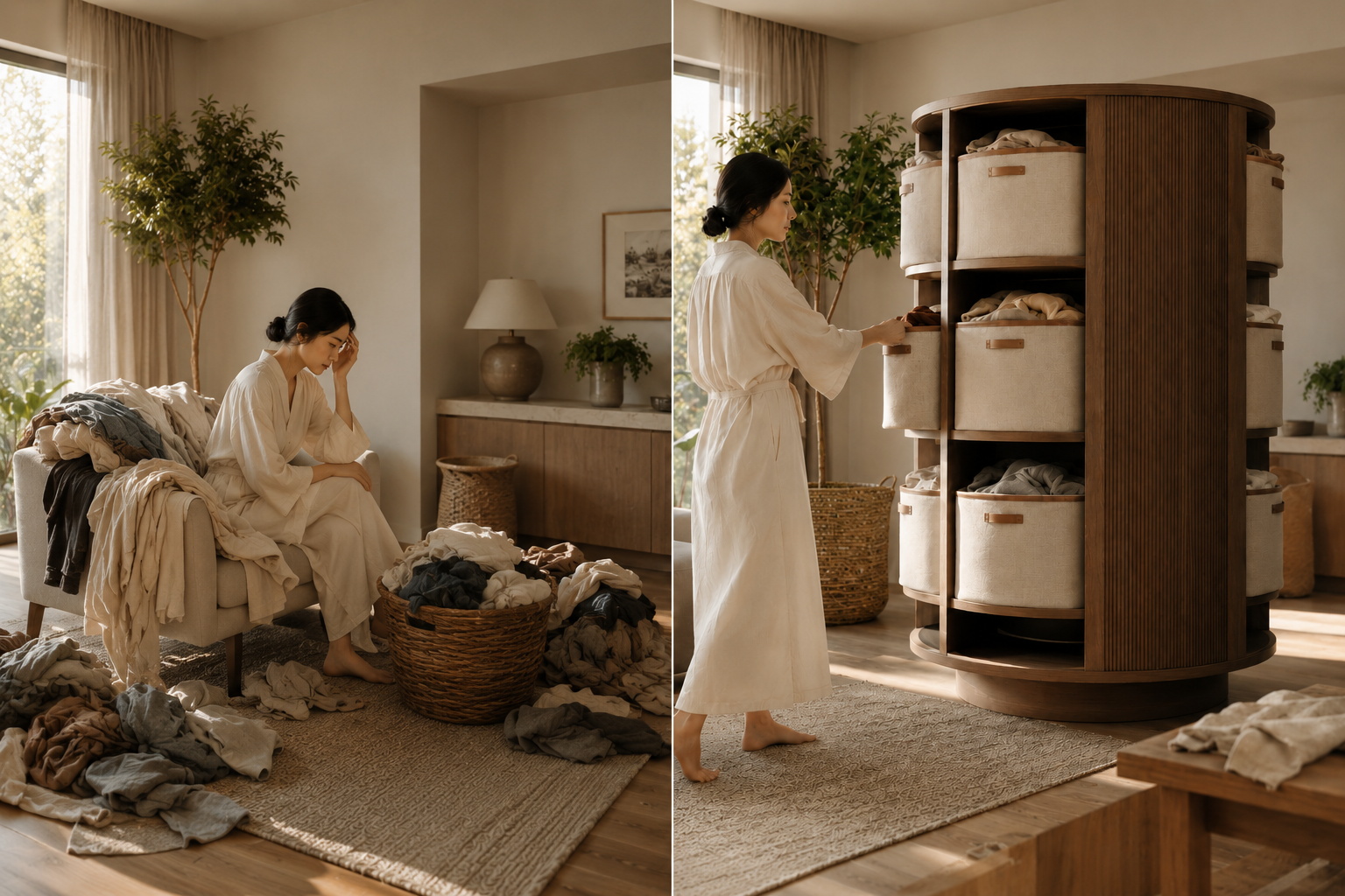 A diptych — on the left, a person sits overwhelmed amid piles of unfolded laundry; on the right, she calmly places folded linens into a warm wooden rotating storage carousel