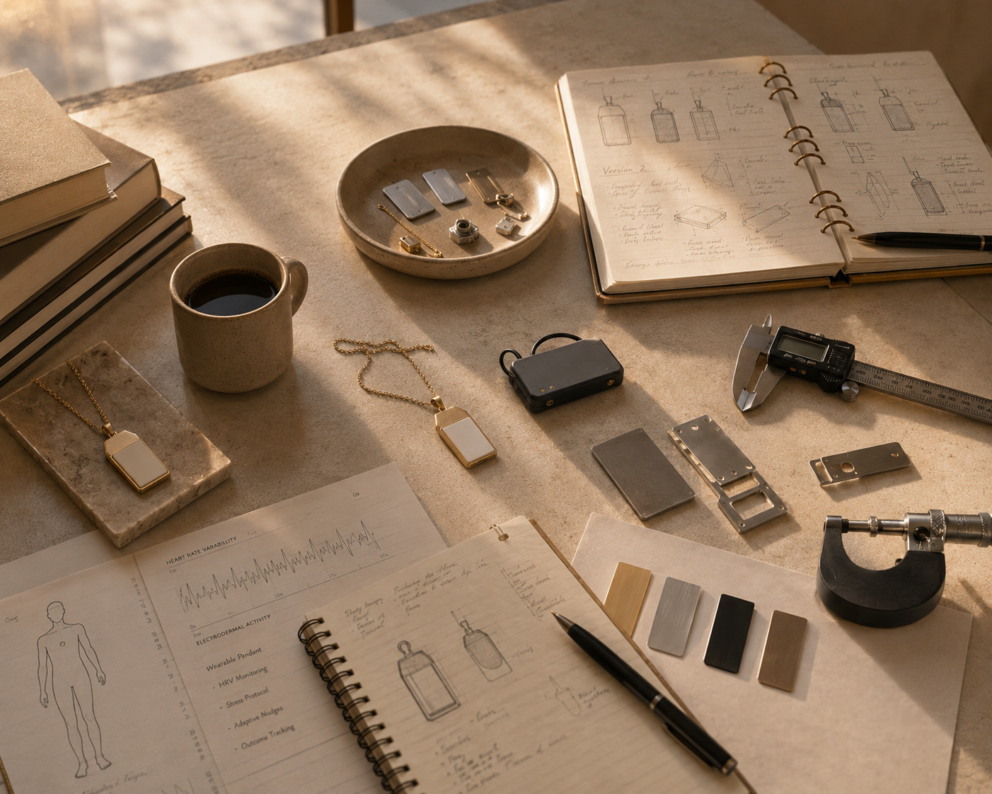 A research table — a sketchbook of material studies, brass and metal material chips, calipers, and a micrometer in warm light