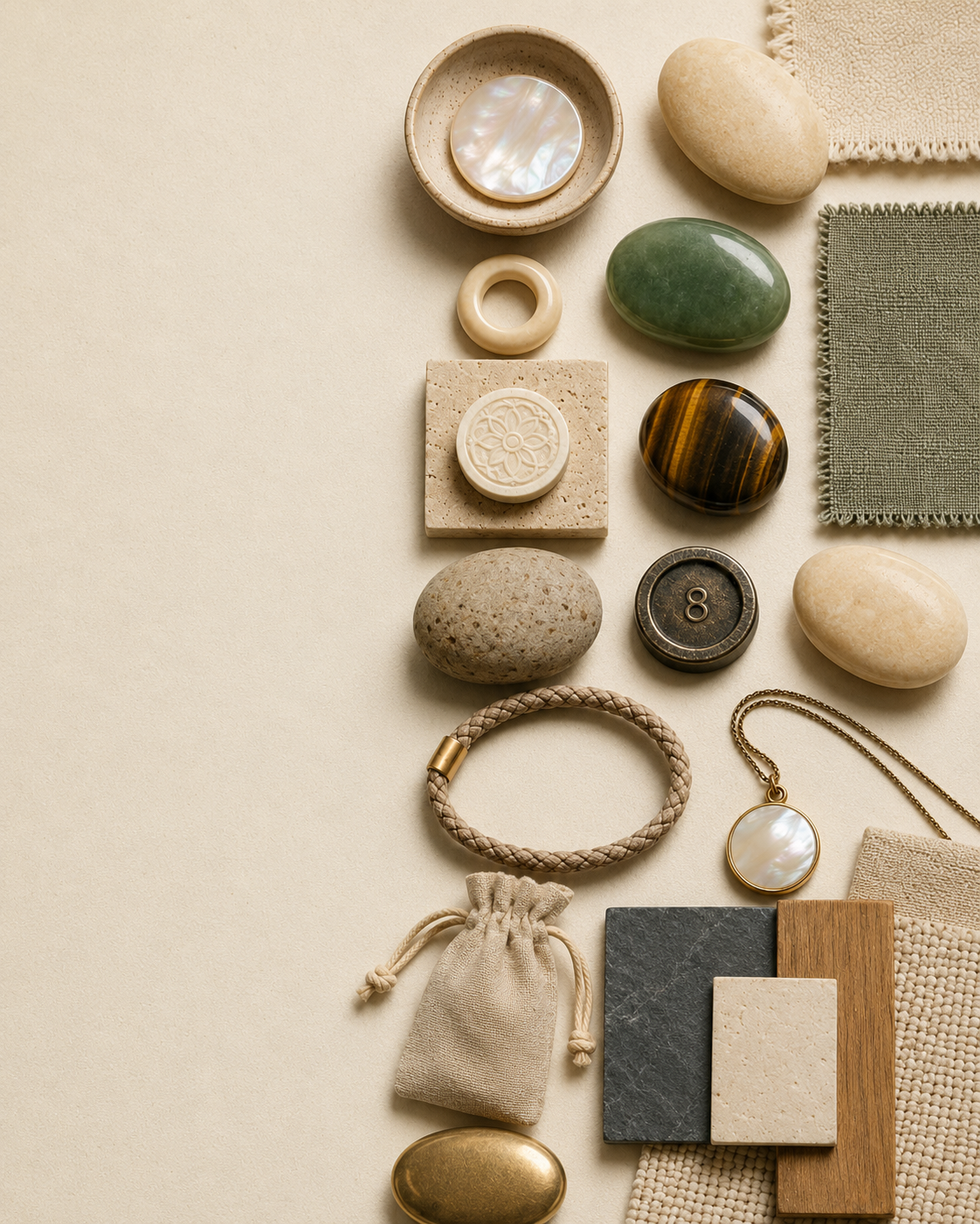 A material study on warm paper — fabric swatches, a woven band, a linen pouch, and tactile tokens laid out for comparison